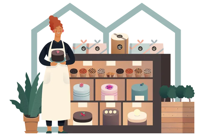 Cake shop owner holding cake  Illustration