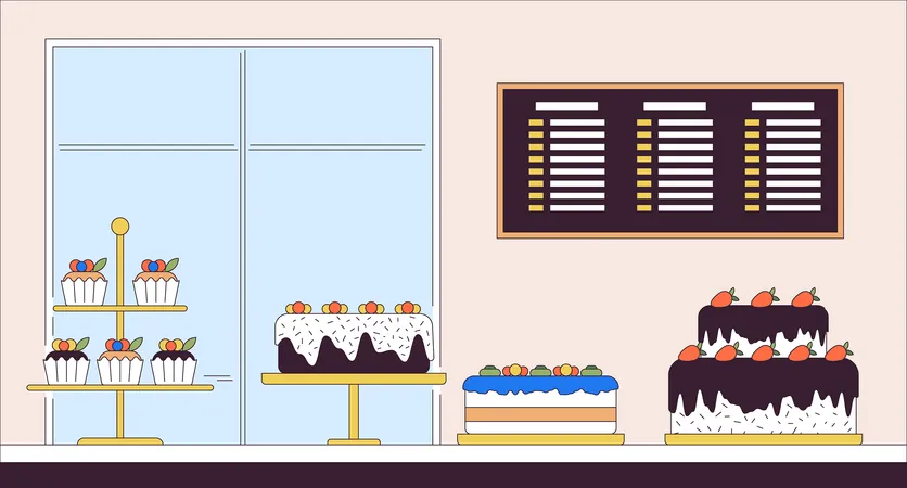Confectionery Small Business Line Cartoon Flat Illustration Buying And Eating Sweets Cakes On Bakery Shop Display 2 D Lineart Scenery Background Handmade Desserts Store Scene Vector Color Image Illustration