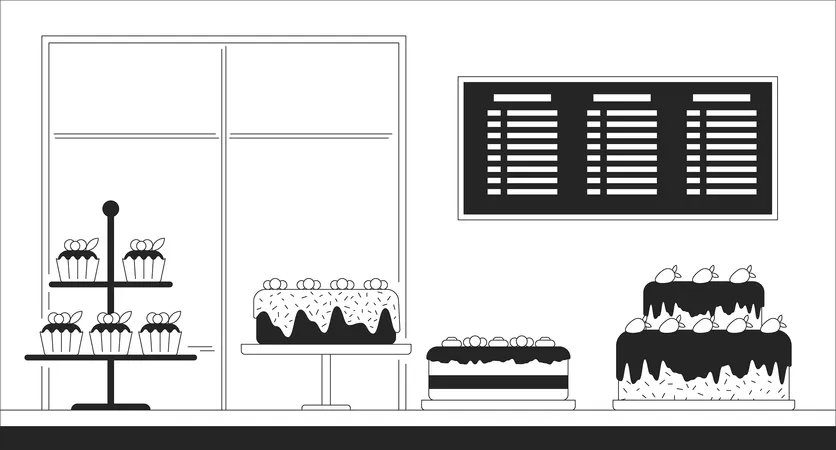 Confectionery Small Business Black And White Line Illustration Buying Sweets Cakes On Bakery Shop Display 2 D Interior Monochrome Background Handmade Desserts Store Outline Scene Vector Image Illustration