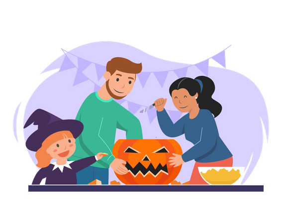 Familia decorando calabaza de Halloween  Ilustración