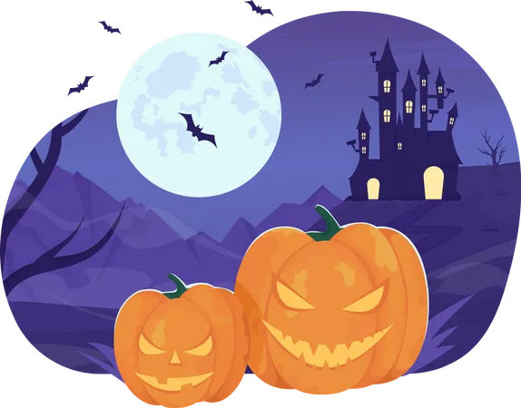 Calabazas de Halloween con luna llena  Ilustración