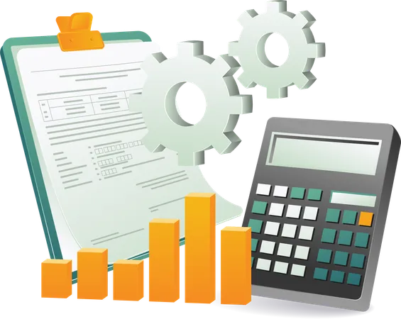 Calculadora y documentos a la vez perfectos para presentaciones de negocios  Ilustración