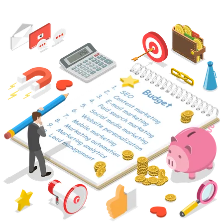 Flat Isometric Vector Concept Of Digital Marketing Budget Seo Roi Advertising Campaign Calculation Illustration
