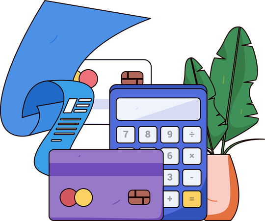 Calculating shopping bills on calculator  Illustration