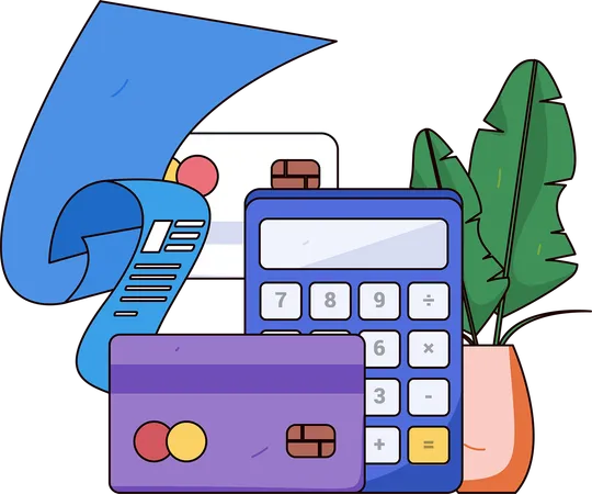 Calculating shopping bills on calculator  Illustration