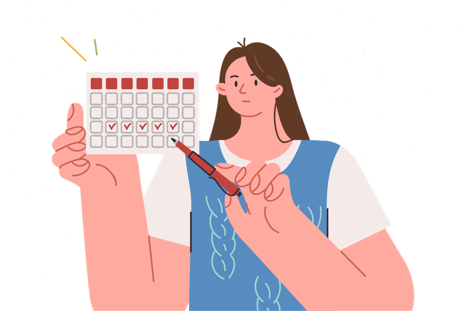 Calendar showing menstrual cycle in hands woman declaring importance of uterine and ovarian health  イラスト