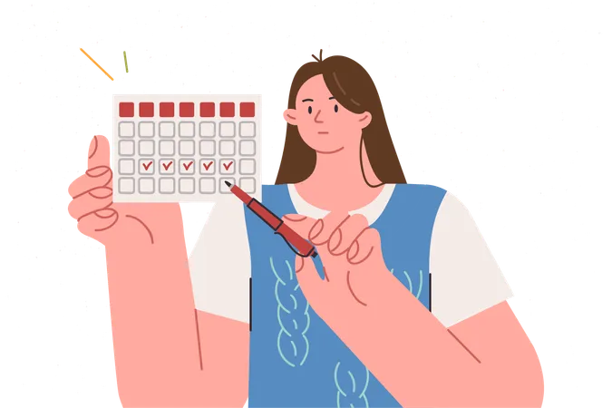Calendar showing menstrual cycle in hands woman declaring importance of uterine and ovarian health  Illustration