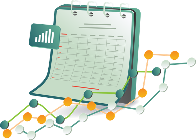 Calendario con gráfico que muestra los datos mensuales  Ilustración