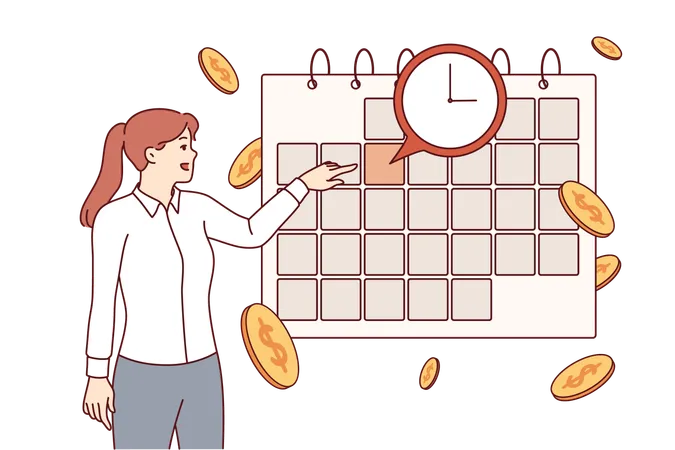 Calendário de pagamentos perto de mulher de negócios estudando cronograma de despesas obrigatórias e pagamentos de juros  Ilustração