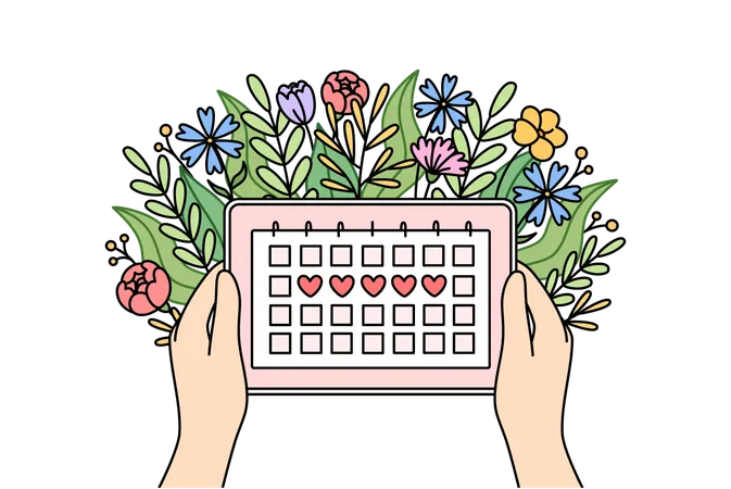 Calendario del ciclo menstrual en manos de mujer y flores para el seguimiento de los días del síndrome premenstrual  Ilustración