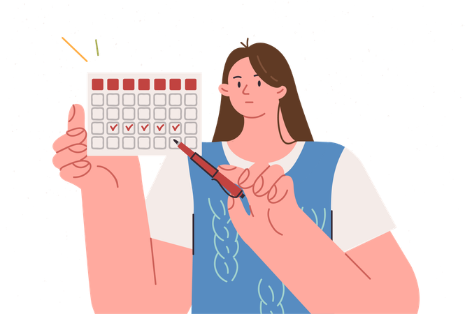 Calendário mostrando o ciclo menstrual nas mãos da mulher declarando importância da saúde uterina e ovariana  Ilustração