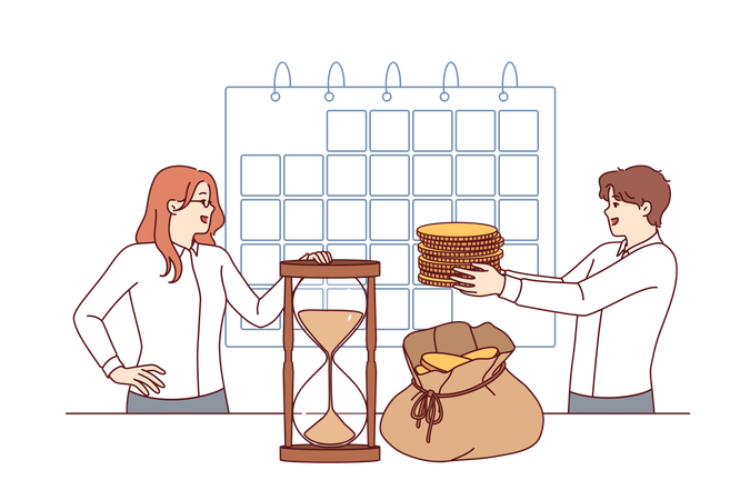 Calendrier de paie près des gens d'affaires avec de l'argent près du calendrier et du sablier  Illustration