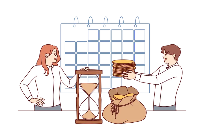 Calendrier de paie près des gens d'affaires avec de l'argent près du calendrier et du sablier  Illustration