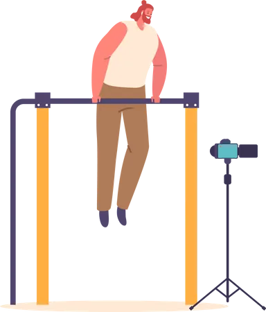Calisthenics Athlete Male Character Records Pull Ups On Camera Showcasing Impressive Strength And Form While Performing Various Exercises On The Bar Cartoon People Vector Illustration イラスト