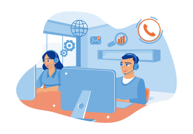 Call Center Worker Using Headset In Modern Office  Illustration