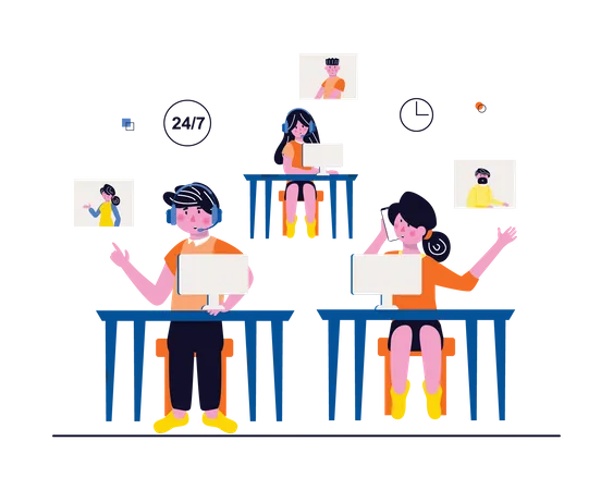 Call center workers attending customer queries Illustration