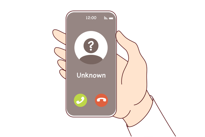 Call from unknown caller on phone screen in person hand for spam or unsolicited advertising concept  Illustration