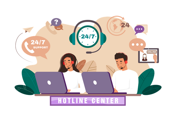 Callcenter-Agent mit Headset bei der Arbeit an der Support-Hotline  Illustration