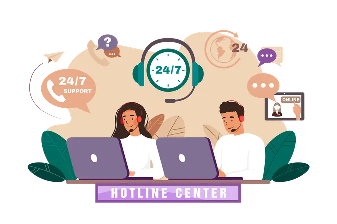 Callcenter-Agent mit Headset bei der Arbeit an der Support-Hotline  Illustration