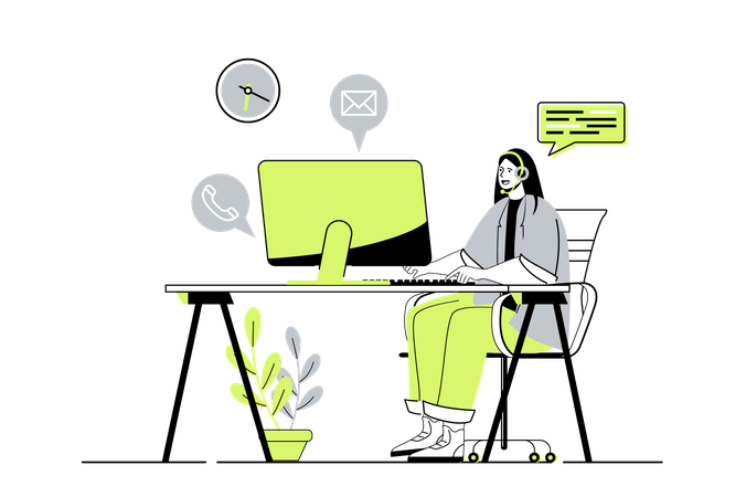 Callcenter-Mitarbeiterin mit Kopfhörern im Gespräch mit Kunden  Illustration
