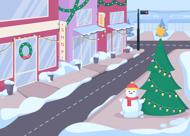 Calle de la ciudad de invierno con boutiques  Ilustración