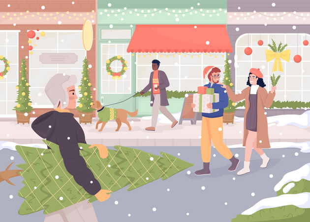 Calle decorada para navidad  Ilustración