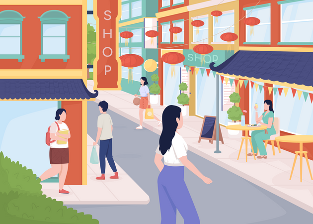 Calle muy transitada en el barrio chino  Illustration