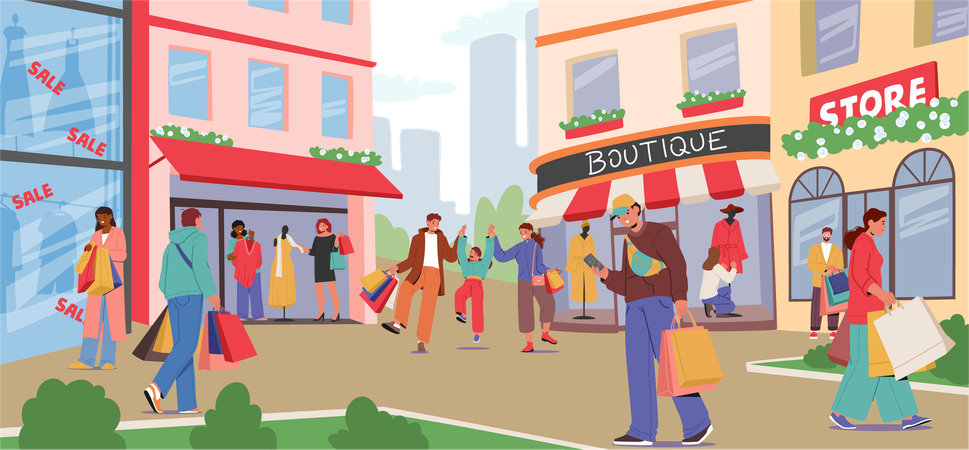 Calle principal de la ciudad con diferentes tiendas y edificios comerciales.  Ilustración