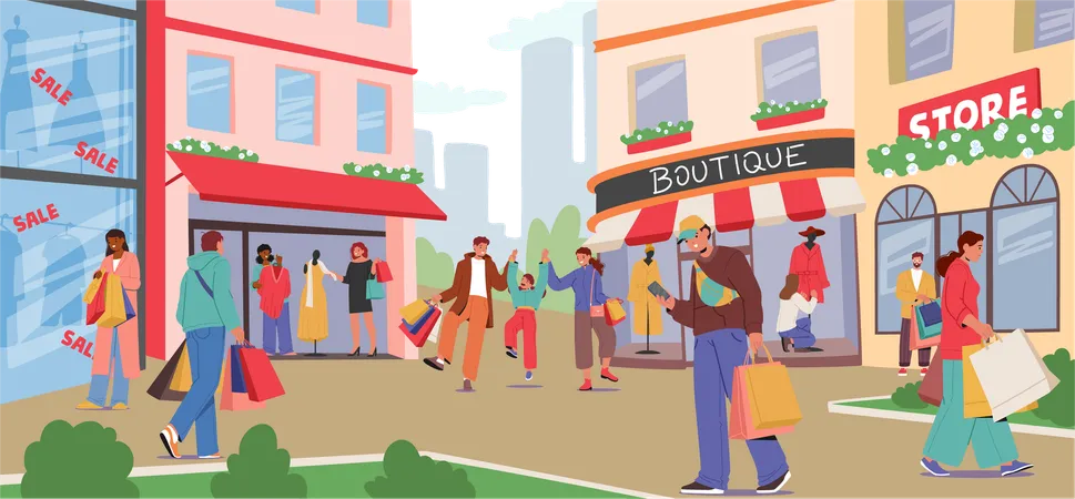 Calle principal de la ciudad con diferentes tiendas y edificios comerciales.  Ilustración