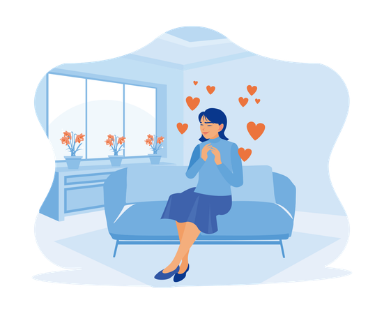 Calm And Peaceful Young Woman Sits On The Sofa  Illustration