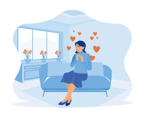 Calm And Peaceful Young Woman Sits On The Sofa  Illustration