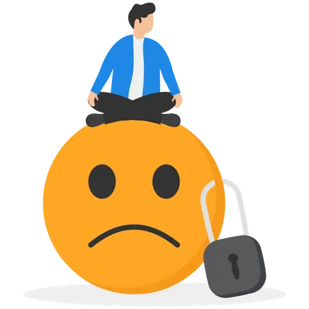 Calm businessman meditating on a frowning face that is being padlocked Illustration