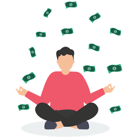 Calm businessman meditating with falling money banknotes income  Illustration