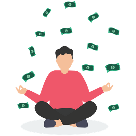 Calm businessman meditating with falling money banknotes income  Illustration