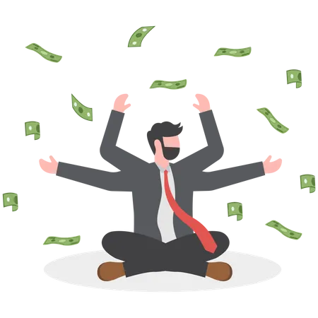 Calm businessman meditating with falling money banknotes income  Illustration