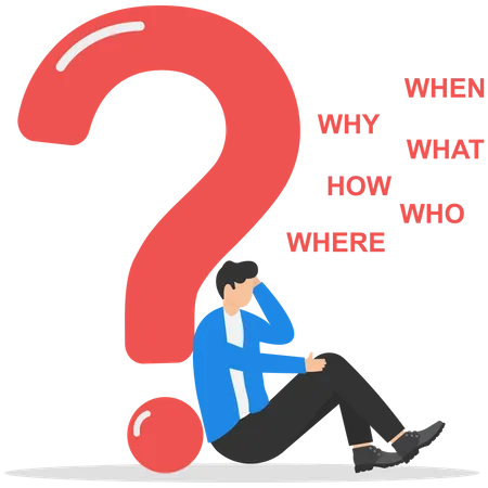 5 W 1 H Asking Questions For Solutions To Solve Problems Thinking Process Or Business Analysis To Get New Idea Concept Calm Businessman On Large Question Mark Thinking Of Who What Where When Why And How Illustration