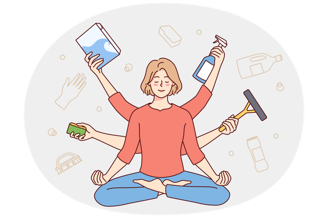 Calm housewife meditating  Illustration