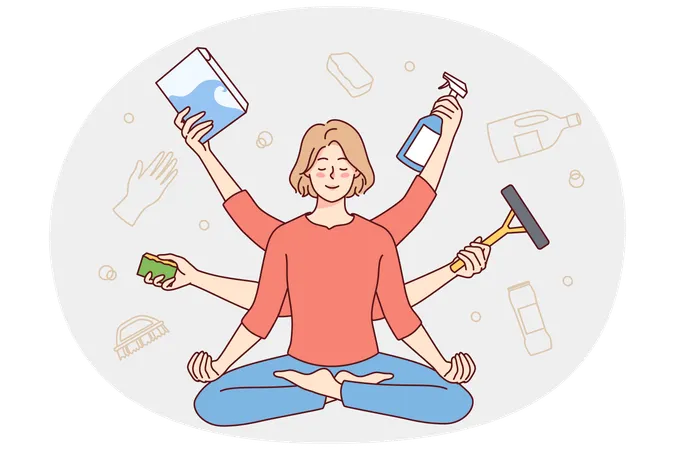 Calm housewife meditating  Illustration