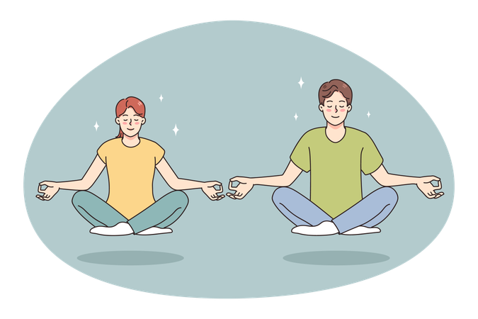 Calm man and woman meditate in lotus position  Illustration