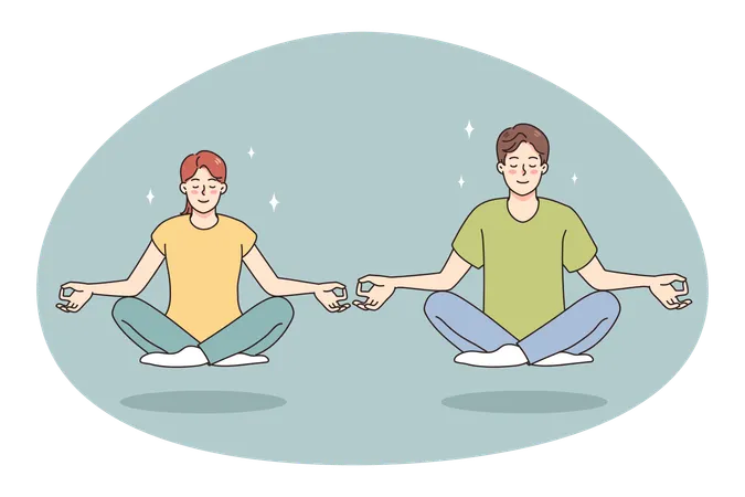 Calm man and woman meditate in lotus position  Illustration