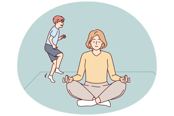 Calm mother meditate at home with naughty kid  Illustration