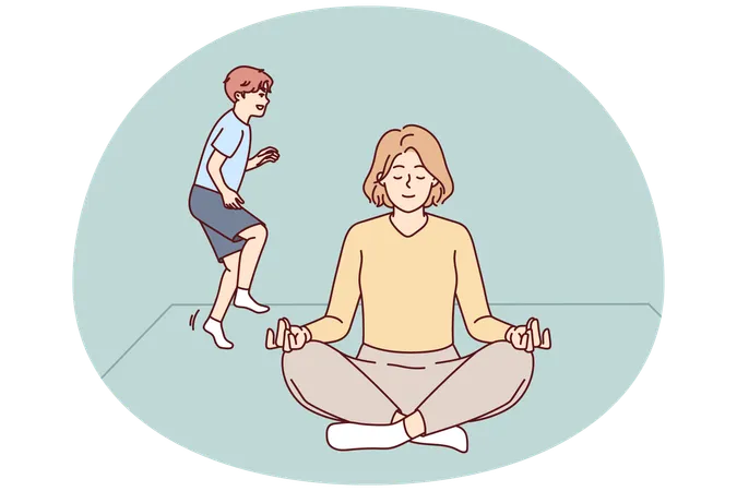 Calm mother meditate at home with naughty kid  Illustration
