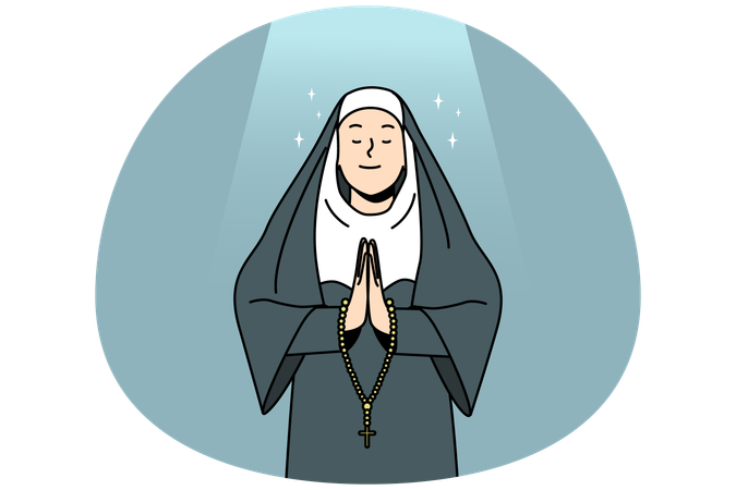 Calm nun in traditional clothes praying. Church sister with rosary talk to God  Illustration