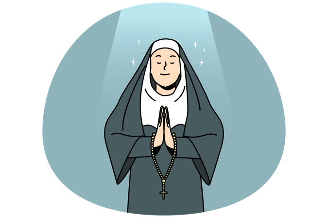 Calm nun in traditional clothes praying. Church sister with rosary talk to God  Illustration