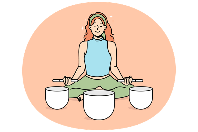 Calm woman meditate with singing bowls  Illustration