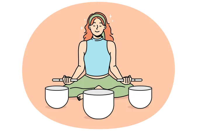 Calm woman meditate with singing bowls  Illustration