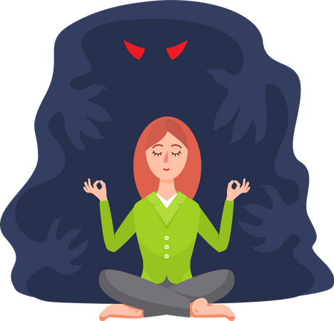 Calm woman meditates near spooky ghost  Illustration