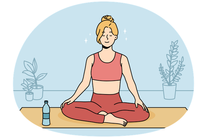 Calm young woman in sportswear sitting on mat practicing yoga at home  Illustration