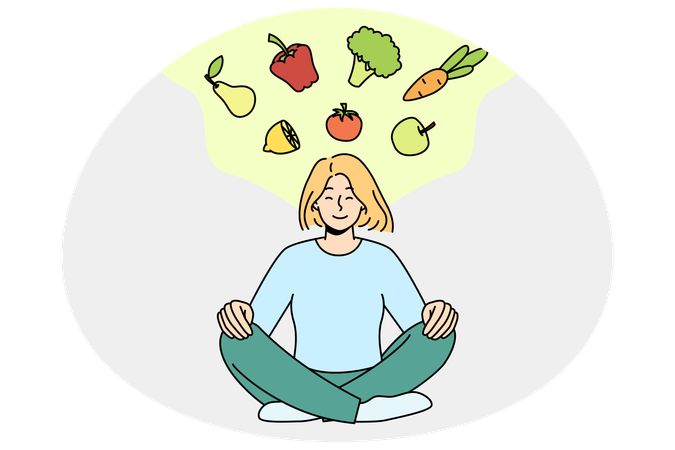 健康的な食事について考えながら瞑想する穏やかな若い女性  イラスト