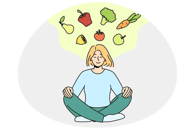 健康的な食事について考えながら瞑想する穏やかな若い女性  イラスト